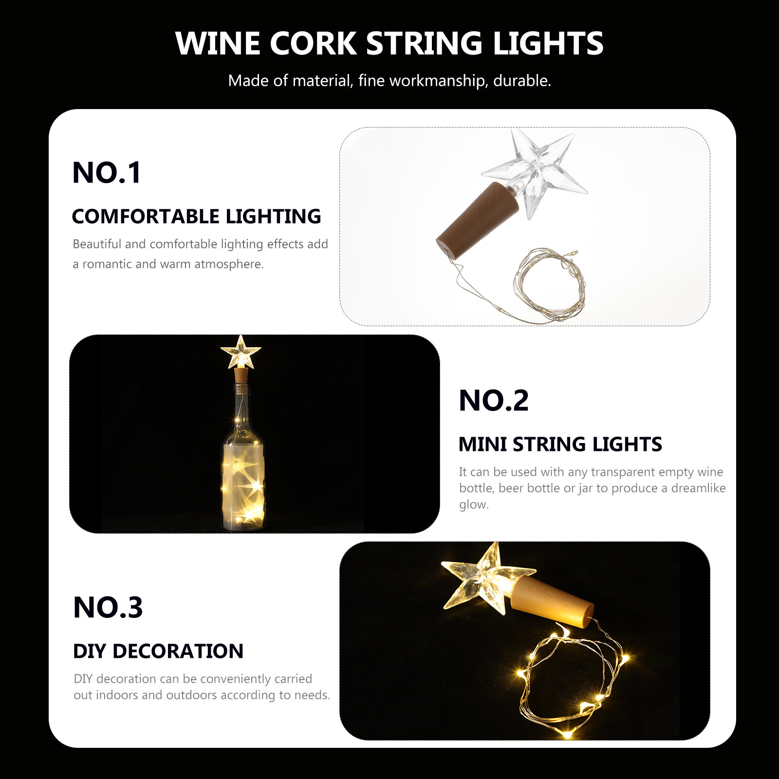 Decor Lighting Cork - 2 Stück Weinflaschen-Kork-LED-Lichterkette, Nachtdeko, DIY, romantische