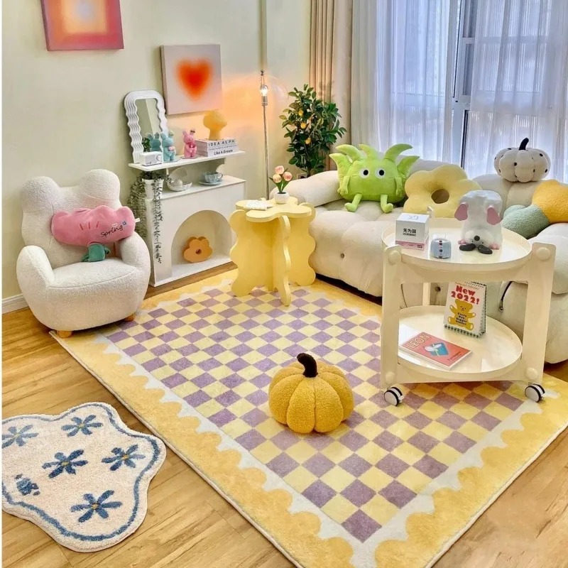 Decor Lighting Online - Rosa-blauer Nachttischteppich mit Schachbrettmuster, süßer Dopamin-Schlafzimmerteppich,