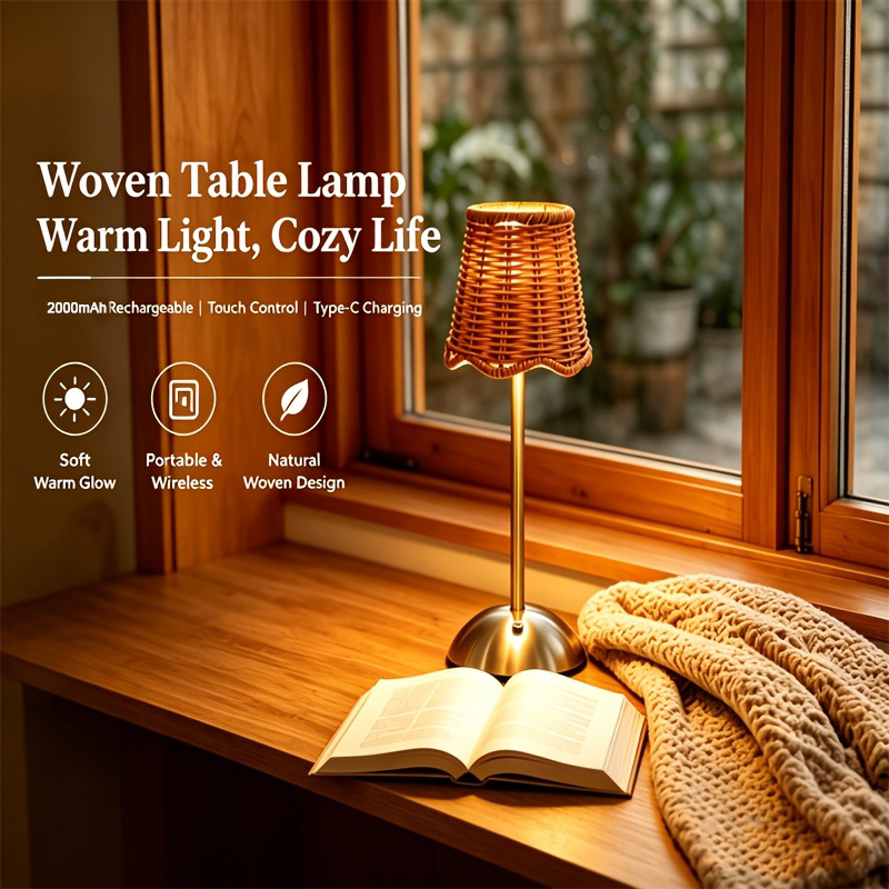 Room Decor Lighting Lamp - Böhmische Geflochtene Rattan-Kunst-Tischlampe, 3-stufig dimmbar, Touch-Steuerung,